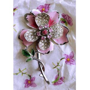 Vintage Pink Flower Brooch Pin Rhinestones Enamel Silver Tone